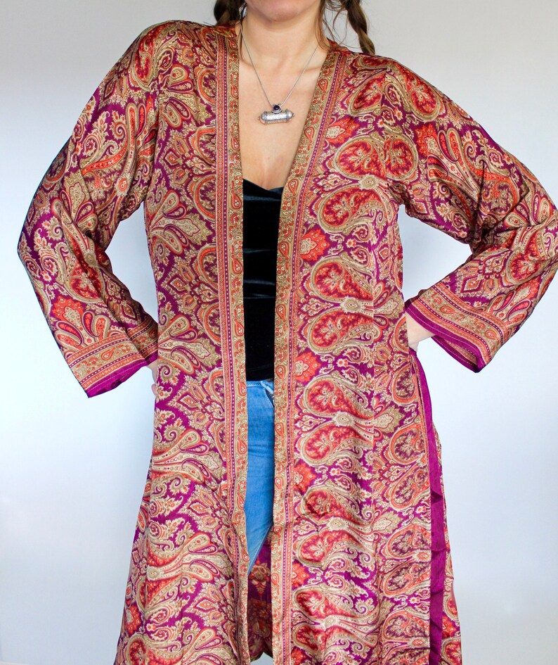 Gold Plum Silk Flared Sleeve Kimono • 70s Festival Kaftan • Sari Long Maxi Jacket • Beach Cover Up Tunic • Boho Silk Robe Bridesmaid Gift 