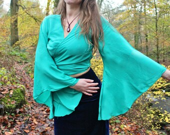 Sea Green Silk Bell Sleeve Tie Up Wrap Top • Belly Dance Costume Crop Top Blouse 60s 70s Festival • Boho Folk Hippy ATS • Calluna Clothing