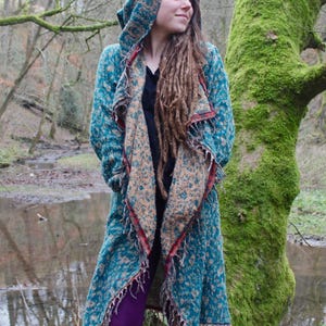 The Enchantment Cloak • Hooded Festival Blanket Cloak • Unisex Paisley Cape Coat • Warm Winter Poncho • Vegan Wool Scarf • Long Boho Shawl Teal