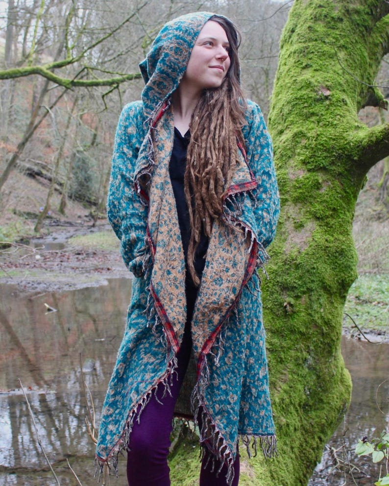 The Enchantment Cloak • Hooded Festival Blanket Cloak • Unisex Paisley Cape Coat • Warm Winter Poncho • Vegan Wool Scarf • Long Boho Shawl Teal