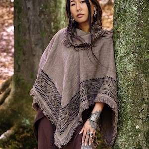 Cowl Neck Poncho • Raw Cotton Block Print Tribal Top • Oversized Shawl • Festival Cover Up • Earthy Natural Wear • Calluna