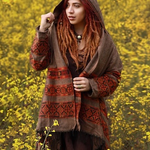 Hooded Geometric Cape Coat • Boho Unisex Shamanic Cloak • Warm Blanket Shawl • Poncho Scarf for Women • Long Festival Earthy Juniper Jacket image 6