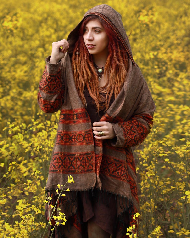 Hooded Geometric Cape Coat • Boho Unisex Shamanic Cloak • Warm Blanket Shawl • Poncho Scarf for Women • Long Festival Earthy Juniper Jacket image 6