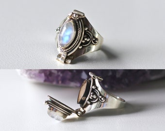 Silver Moonstone 925 Poison Ring • Natural Gemstone Ring • Emerald Crystal Healing Cremation Jewelry • Compartment Ring • Boho Gift for Her