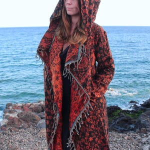 The Enchantment Cloak • Hooded Festival Blanket Cloak • Unisex Paisley Cape Coat • Warm Winter Poncho • Vegan Wool Scarf • Long Boho Shawl Rust