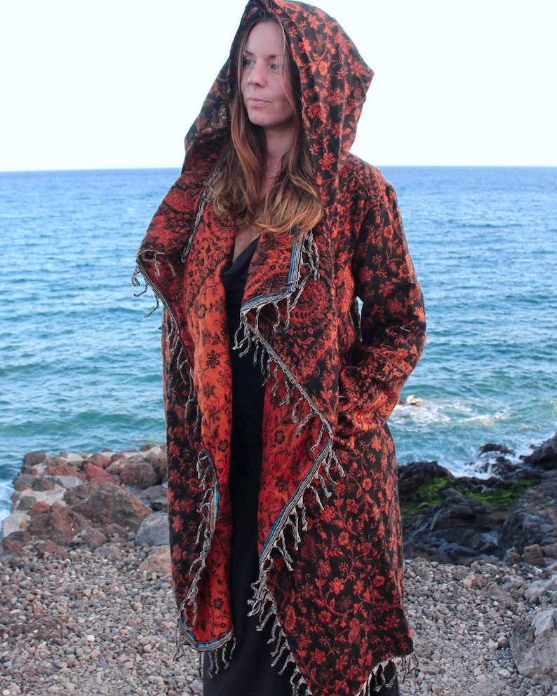 The Enchantment Cloak • Hooded Festival Blanket Cloak • Unisex Paisley Cape Coat • Warm Winter Poncho • Vegan Wool Scarf • Long Boho Shawl Rust