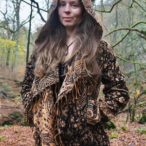 The Enchantment Cloak • Hooded Festival Blanket Cloak • Unisex Paisley Cape Coat • Warm Winter Poncho • Vegan Wool Scarf • Long Boho Shawl Gold