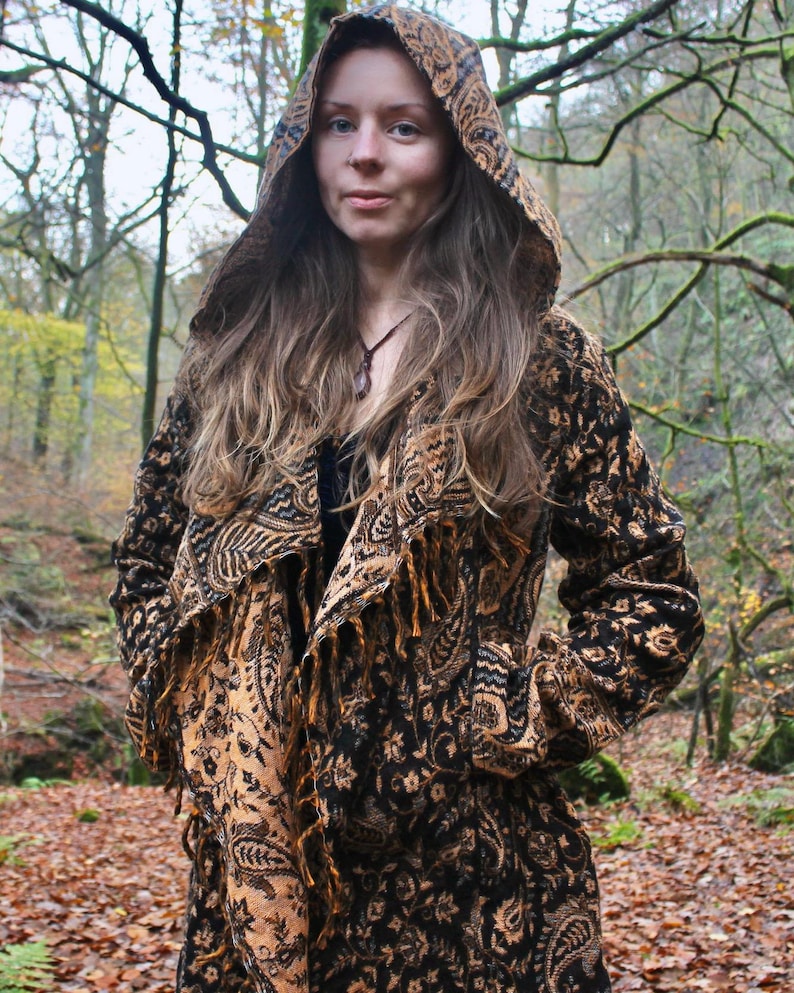 The Enchantment Cloak • Hooded Festival Blanket Cloak • Unisex Paisley Cape Coat • Warm Winter Poncho • Vegan Wool Scarf • Long Boho Shawl Gold
