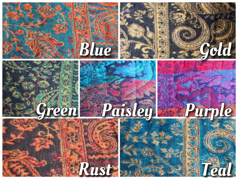 May include: A collage of ten fabric swatches in various colors and patterns, including blue, gold, green, paisley, purple, rust, and teal. Each swatch features a paisley design.