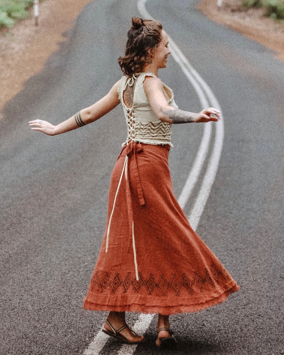 Raw Cotton Block Print Maxi Wrap Skirt Natural Earthy Clothing Rust Maxi Skirt Women Long Boho Festival Shakti Skirt Calluna Etsy