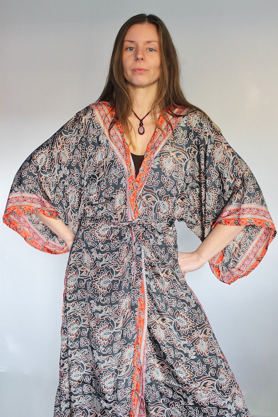 Charcoal Silk Flared Sleeve Kimono • 60s 70s Festival Kaftan Sari Long Maxi Jacket • Beach Cover Up Tunic • Boho Robe Bridesmaid Gift