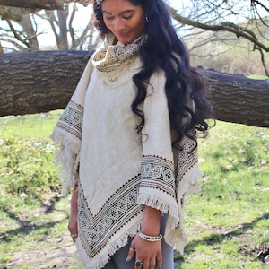 Cowl Neck Poncho • Raw Cotton Block Print Tribal Top • Oversized Shawl • Festival Cover Up • Earthy Natural Wear • Calluna