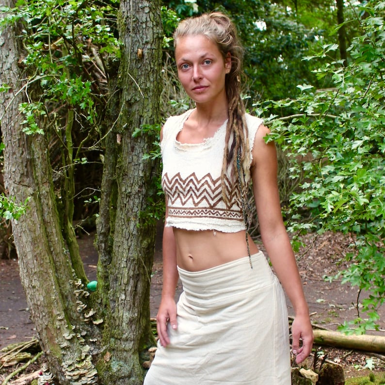 Raw Cotton Tribal Crop Top \u2022 Block Print Crop Top \u2022 White Lace Up Crop \u2022 Earthy Frayed Natural Clothing \u2022 Burning Man Festival Wear \u2022 Tie Up