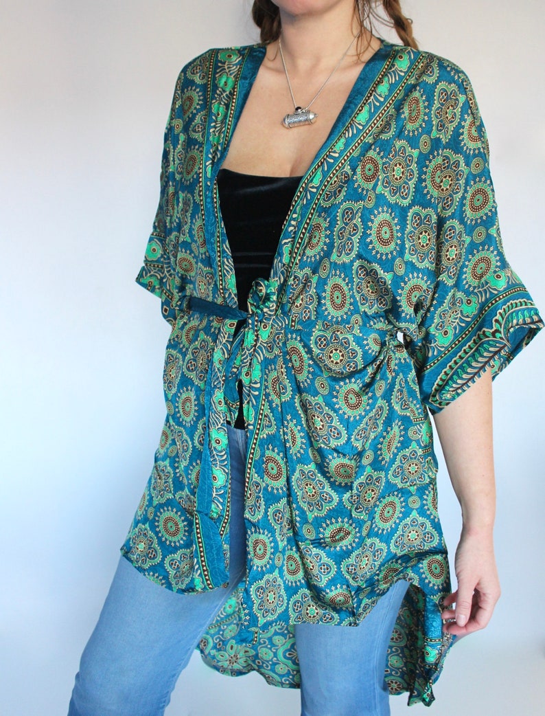 Silk Kimono Geometric Teal Short Wrap Dress \u2022 70s Festival Kaftan Tunic Sari Jacket \u2022 Bridesmaid Silk Robe \u2022 Beach Cover Up \u2022 Boho Duster