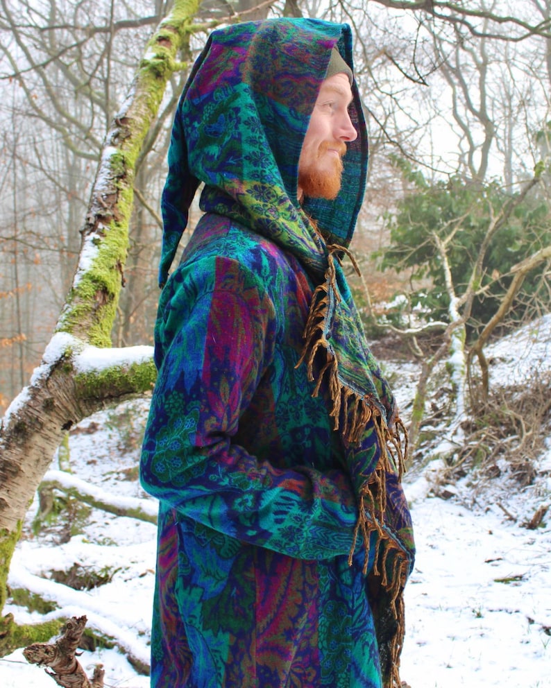 The Enchantment Cloak • Hooded Festival Blanket Cloak • Unisex Paisley Cape Coat • Warm Winter Poncho • Vegan Wool Scarf • Long Boho Shawl Paisley