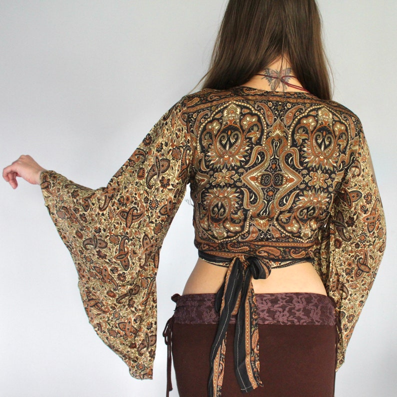 Silk Wrap Top Paisley Bell Sleeve Tie Up Crop Top Blouse Retro Cardigan 60s 70s Festival Fashion Boho Folk Hippy Calluna image 9