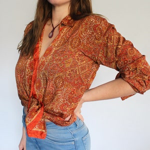 Burnt Orange Unisex Silk Shirt • Retro Psychedelic Print Long Sleeve Shirt Boho Top • Festival 60s 70s Clothing • Tie Up Silk Crop Top