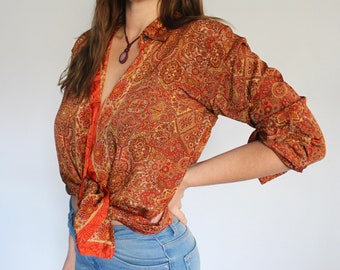 Burnt Orange Unisex Silk Shirt • Retro Psychedelic Print Long Sleeve Shirt Boho Top • Festival 60s 70s Clothing • Tie Up Silk Crop Top