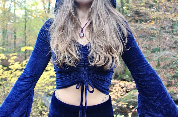 Black Cotton Hooded Top • Cinch Hoodie Women • Long Flared