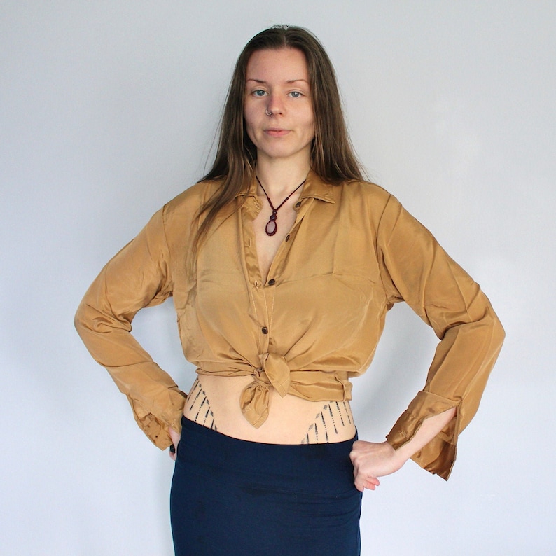 Gold Unisex Silk Shirt • Retro Floral Print Long Sleeve Shirt • Boho Flared Festival 60s 70s Clothing Tie Up Silk Crop Top • Calluna image 5