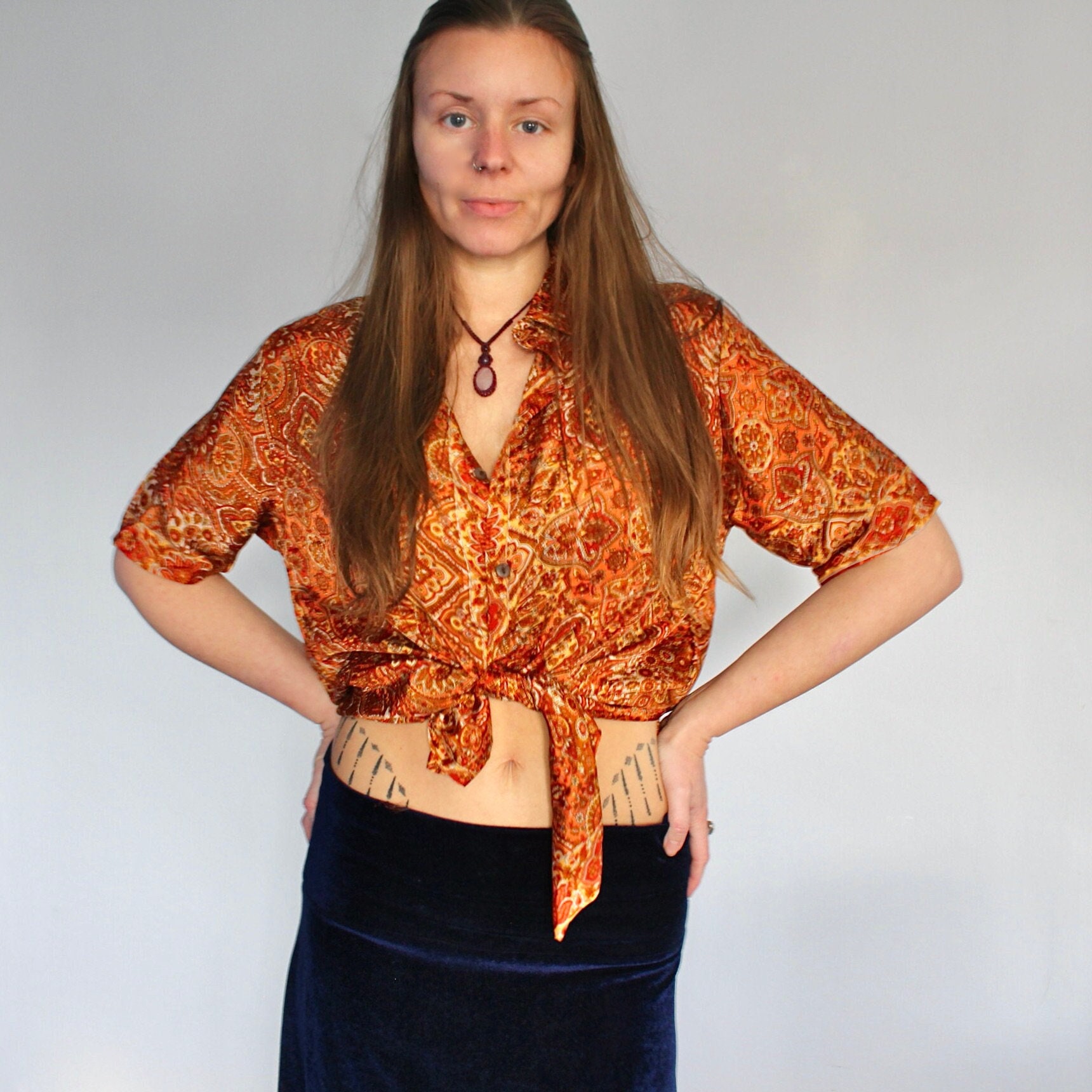 Burnt Orange Unisex Silk Shirt Retro 