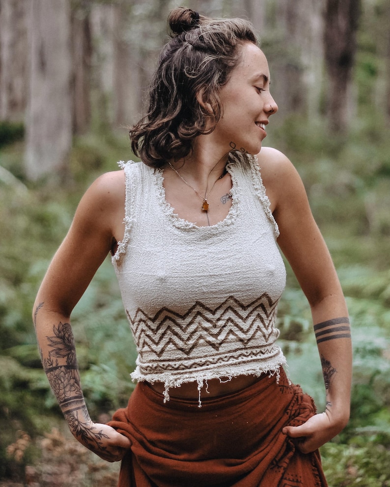 Tribal Block Print Crop Top Raw Hem Earth Top Green Lace up Crop Earthy