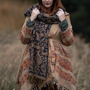 Hooded Geometric Cape Coat • Boho Unisex Shamanic Cloak • Warm Blanket Shawl • Poncho Scarf for Women • Long Festival Earthy Juniper Jacket image 7