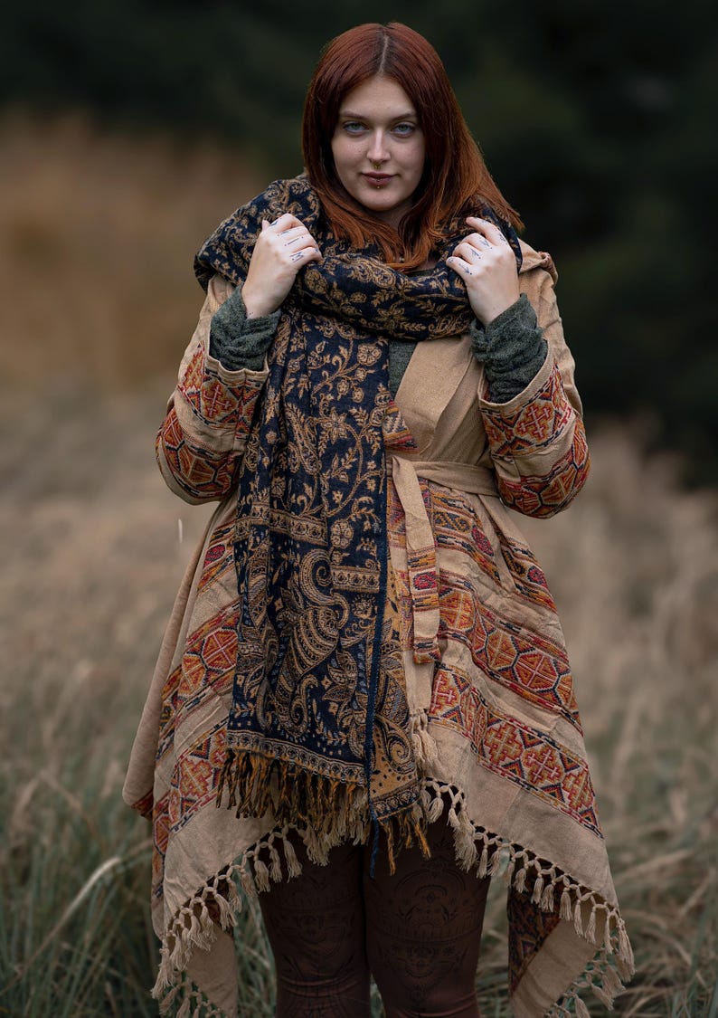 Hooded Geometric Cape Coat • Boho Unisex Shamanic Cloak • Warm Blanket Shawl • Poncho Scarf for Women • Long Festival Earthy Juniper Jacket image 7