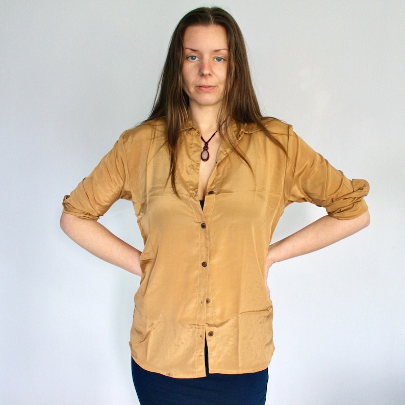 Gold Unisex Silk Shirt • Retro Floral Print Long Sleeve Shirt • Boho Flared Festival 60s 70s Clothing Tie Up Silk Crop Top • Calluna Gold