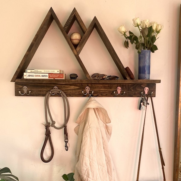 The best coat rack for the mountain lover in your life | rustic mountain entryway | unique coat rack | key hold | mail organizer | floating