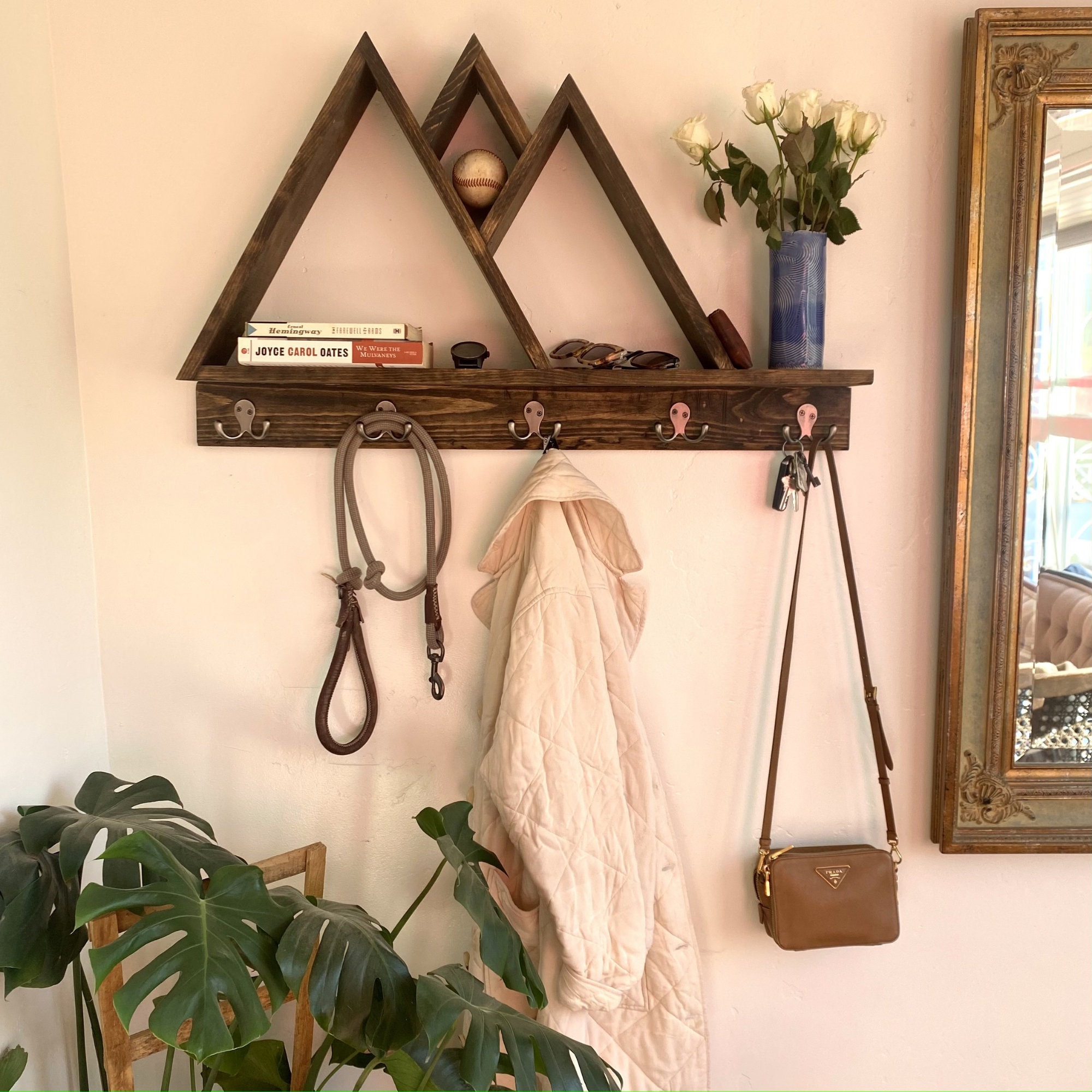 Set of 2 Coat Hooks Wall Mount with Shelf 26inch Rustic Wood Coat Rack with  5 Dual Metal Hooks