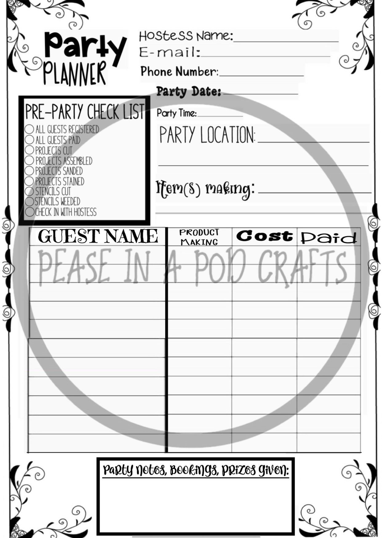 Paint Party Planner Sheet Etsy