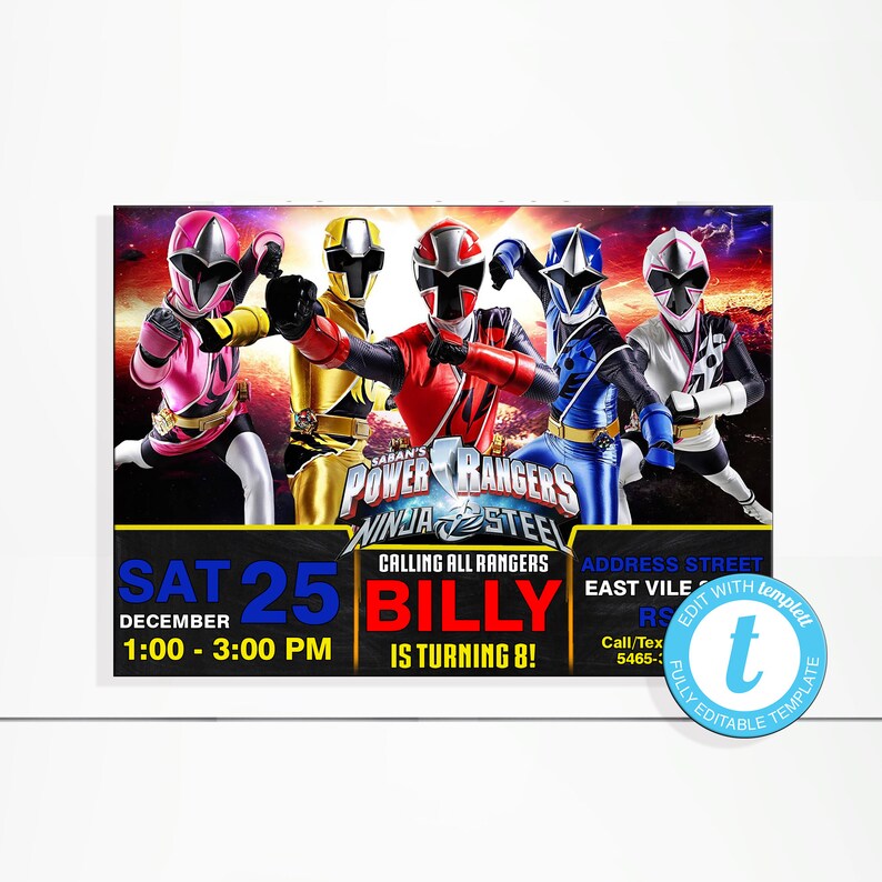 Power Rangers Birthdaypower Rangers Invitationpower Rangers Partypower Rangers Printablepower Ranger Ninja Steel Edit With Templett - 