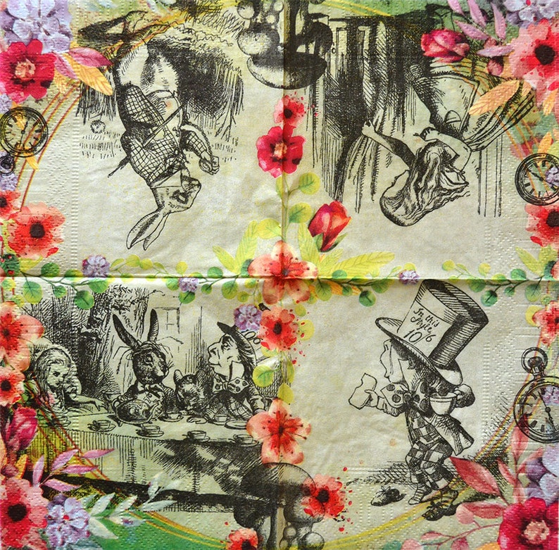 4 Decoupage Childhood Napkin Alice in Wonderland Paper Napkin Etsy