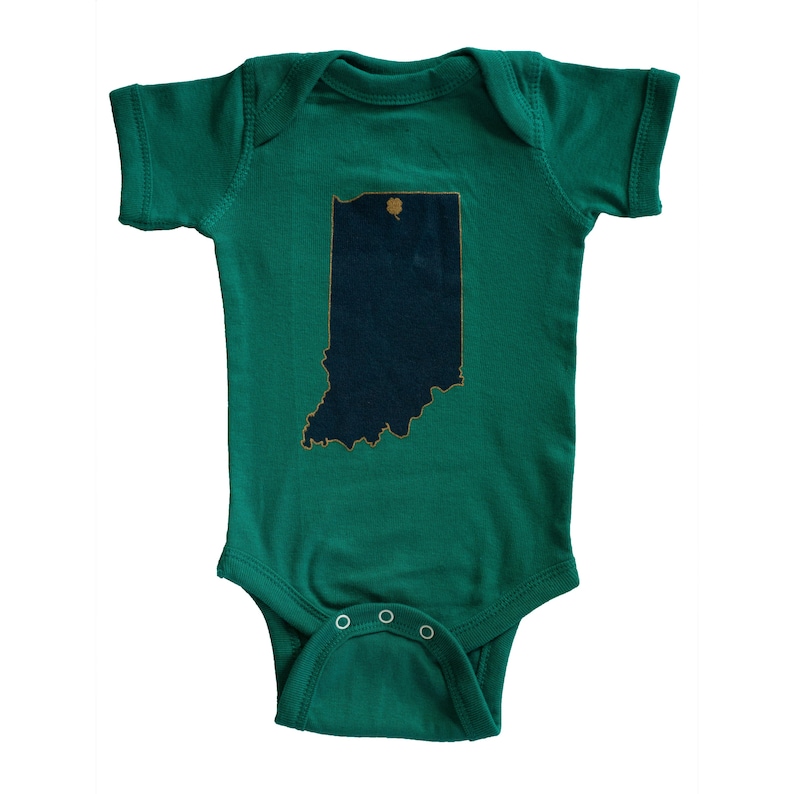 Notre Dame Fighting Irish Inspired Baby Bodysuit State Design with Clover on South Bend