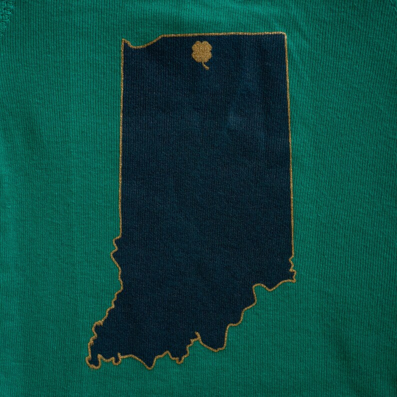 Notre Dame Fighting Irish Inspired Baby Bodysuit State Design with Clover on South Bend