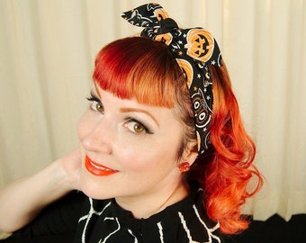 Cotton Self Tie Hairband Retro Reversible Rockabilly Retro Black Cats Owls Pumpkins Halloween Hair Scarf