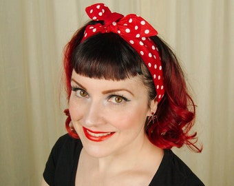 Cotton Self Tie Hairband Retro Reversible Rockabilly Classic Rosie The Riveter Red Polka Dots Hair Scarf