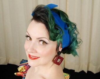 Cotton Self Tie Hairband Retro Reversible Rockabilly Solid Blue Hair Scarf