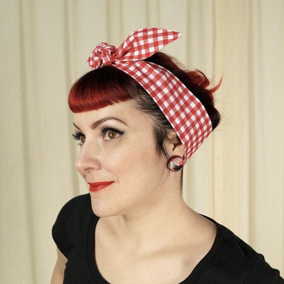 Cotton Self Tie Hairband Retro Reversible Rockabilly Picnic Red Gingham  Hair Scarf