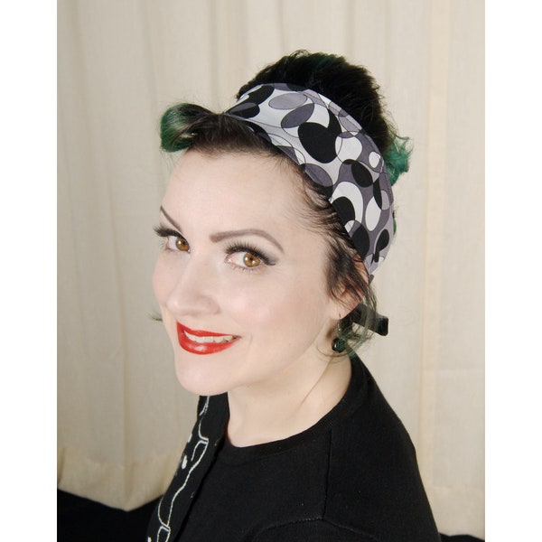 Cotton Self Tie Hairband Retro Reversible Rockabilly Black and White Mod Geometric Abstract Hair Scarf
