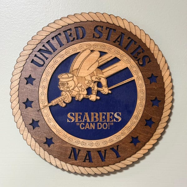 Navy SeaBees Insignia Wood Plaque – Engraved Wall Sign | Veteran, Promotion & Retirement Gift
