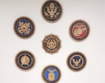 Military Branches Wood Plaque Set – Set of 7 Engraved Wall Plaques | Veteran, Promotion & Retirement Gift