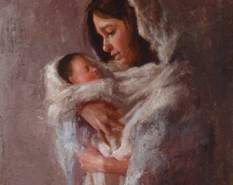 Fine Art Giclée Nativity Print “Infant Holy", archival canvas, highest quality reproduction of original oil painting, Christmas print