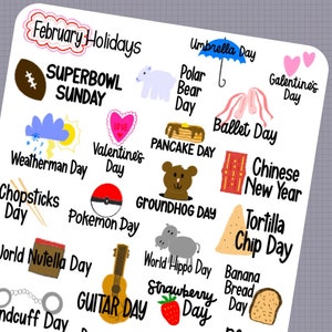 FEBRERO Días festivos - Pegatinas para planificador escritas a mano - Planificación de recuerdos - Conservación de recuerdos - Calendario de días festivos extravagantes y extraños