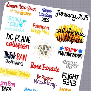 Hoogtepunten 2025 JANUARI - Handgetekende schriftelijke plannerstickers - Geheugenplanning - Geheugen bijhouden - Actuele gebeurtenissen - Bullet Journal - Nieuws