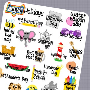 Vacaciones de AGOSTO - Pegatinas de planificador escritas a mano - Planificación de recuerdos - Conservación de recuerdos - Calendario de vacaciones extravagantes y extraños