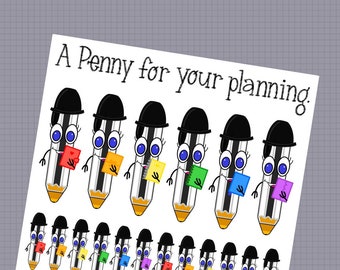 A Penny For Your Planning - PENNY Character Sticker Sheet - Hand Drawn Written Planner Stickers - Ballpoint Pen Stickers