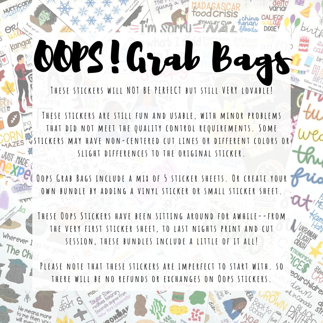 No Grab Sticker Oops GRAB BAGS - Mystery Sticker Sheets - Imperfect Stickers - Old and ...