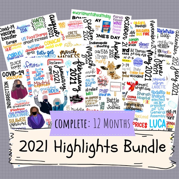 2021 Highlights Complete BUNDLE - ALL 12 MONTHS - Hand Drawn Hand Written Stickers - Memory Planning - Memory Keeping - Memory Planner Bujo